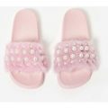 Swift Pink Rubber Slider With Pearl And Faux Fur Trim, Pink
