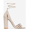 Sydney Strappy Lace Up Block Heel In Nude Faux Suede, Nude