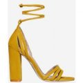 Sydney Strappy Lace Up Block Heel In Mustard Faux Suede, Yellow