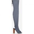 Corinne Cut Out Peep Toe Thigh High Long Boot In Grey Lycra, Grey