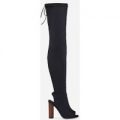 Corinne Cut Out Peep Toe Thigh High Long Boot In Black Lycra, Black