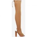 Corinne Cut Out Peep Toe Thigh High Long Boot In Mocha Lycra, Brown