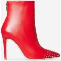 Tempo Studded Toe Detail Sock Boot In Red Faux Leather, Red