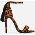 Tia Tassel Detail Barely There Heel In Leopard Print Faux Suede, Brown