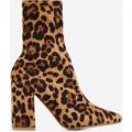 Zana Block Heel Sock Boot In Leopard Faux Suede, Brown