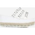 Dahlia Studded Detail Flatform Espadrille Slider In White Faux Leather, Silver