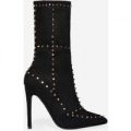 Tyra Studded Detail Ankle Boot In Black Faux Suede, Black