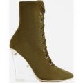 Turnaround Perspex Wedge Lace Up Ankle Boot In Khaki Faux Suede, Green