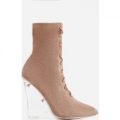 Turnaround Perspex Wedge Lace Up Ankle Boot In Nude Faux Suede, Nude