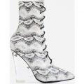 Turnaround Perspex Wedge Lace Up Ankle Boot In grey Snake Print Faux Leather, Grey