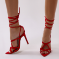 Sessy Pointed Lace Up Heels Faux Suede, Red