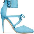 Valentina Lace Up Pointed Toe Heel In Baby Blue Faux Suede, Blue