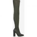 Bexley Block Heel Thigh High Long Boot In Khaki Lycra, Green