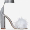Vision Lace Up Fluffy Heel In Metallic Silver Faux Leather, Silver