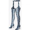 Westloop Belted Over The Knee Long Boot In Blue Snake Print Faux Leather, Blue