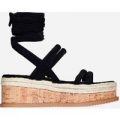 Whisper Lace Up Espadrille Flatform In Black Faux Suede, Black