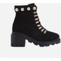 Winky Studded Chunky Sole Lace Up Ankle Biker Boot In Black Faux Suede, Black