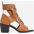 Maria Cut Out Lace Up Ankle Western Boot In Tan Croc Print Faux Leather, Nude
