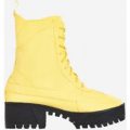 Dashing Chunky Sole Lace Up Ankle Boot In Yellow Patent, Yellow