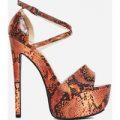 Boa Platform Heel In Orange Snake Print Faux Leather, Orange