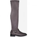 Anastasia Buckle Detail Long Boot In Light Grey Faux Suede, Grey