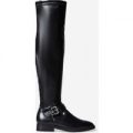 Anastasia Buckle Detail Long Boot In Black Faux Leather, Black