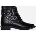 Yoko Studded Detail Biker Boot In Black Faux Leather, Black