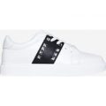 Dexter Studded Detail Black Stripe Trainer In White Faux Leather, White