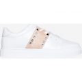 Dexter Studded Detail Pink Stripe Trainer In White Faux Leather, White