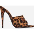 Zadie Pointed Peep Toe Heel Mule In Tan Leopard Print Faux Suede, Brown