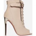 Zanna Lace Up Peep Toe Ankle Boot In Nude Faux Suede, Nude