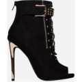 Zanna Lace Up Peep Toe Ankle Boot In Black Faux Suede, Black