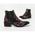 Zora Floral Embroidered Ankle Boot In Black Faux Leather, Black